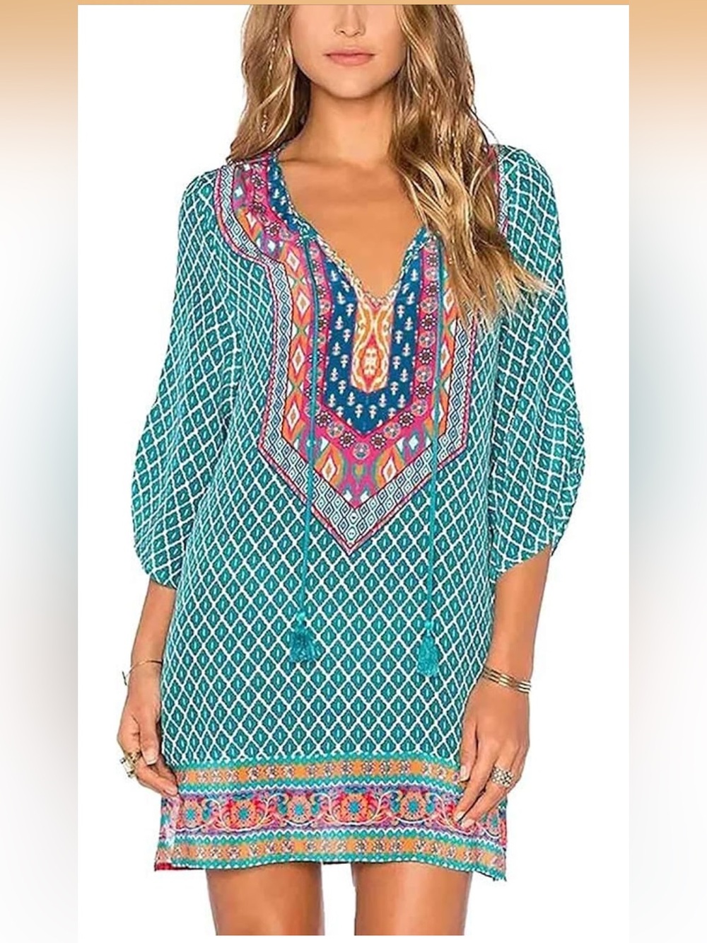 Feitong bohemian geometric print shift tunic dress